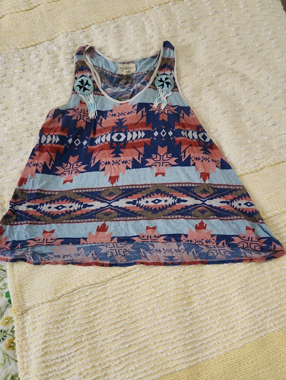 Denim&Co Aztec Racerback Tank in Light Blue, Navy & Rust